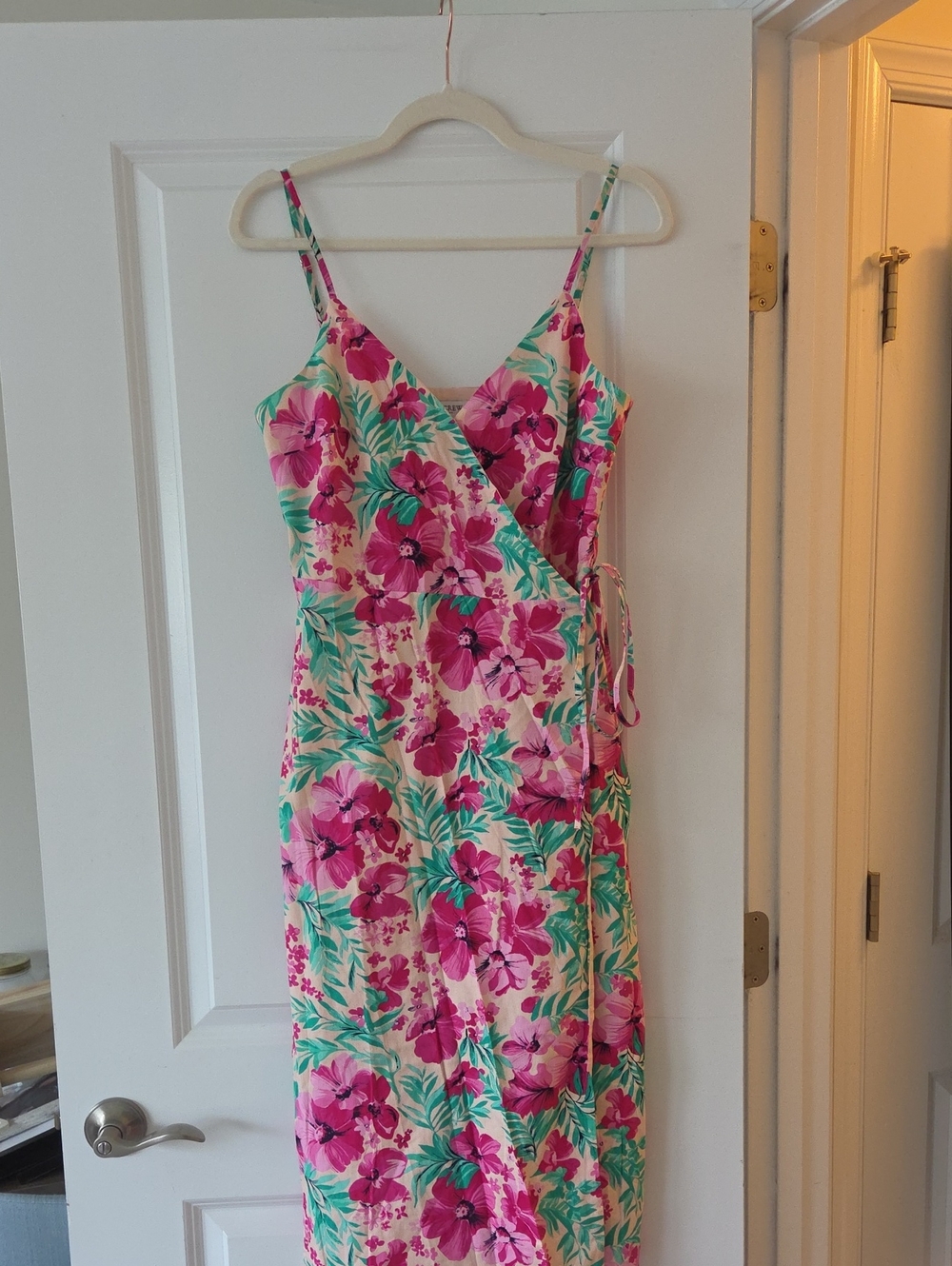 Floral Pink Wrap Dress with Green Leaves